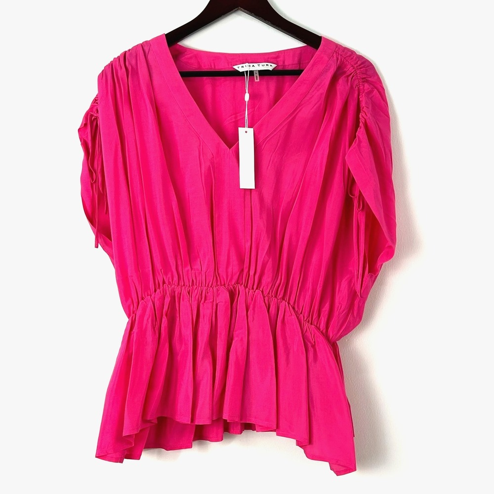 New Trina Turk Azela Hot Pink Ruched Shoulder VNeck Peplum Silky Top Sz L 1378T1